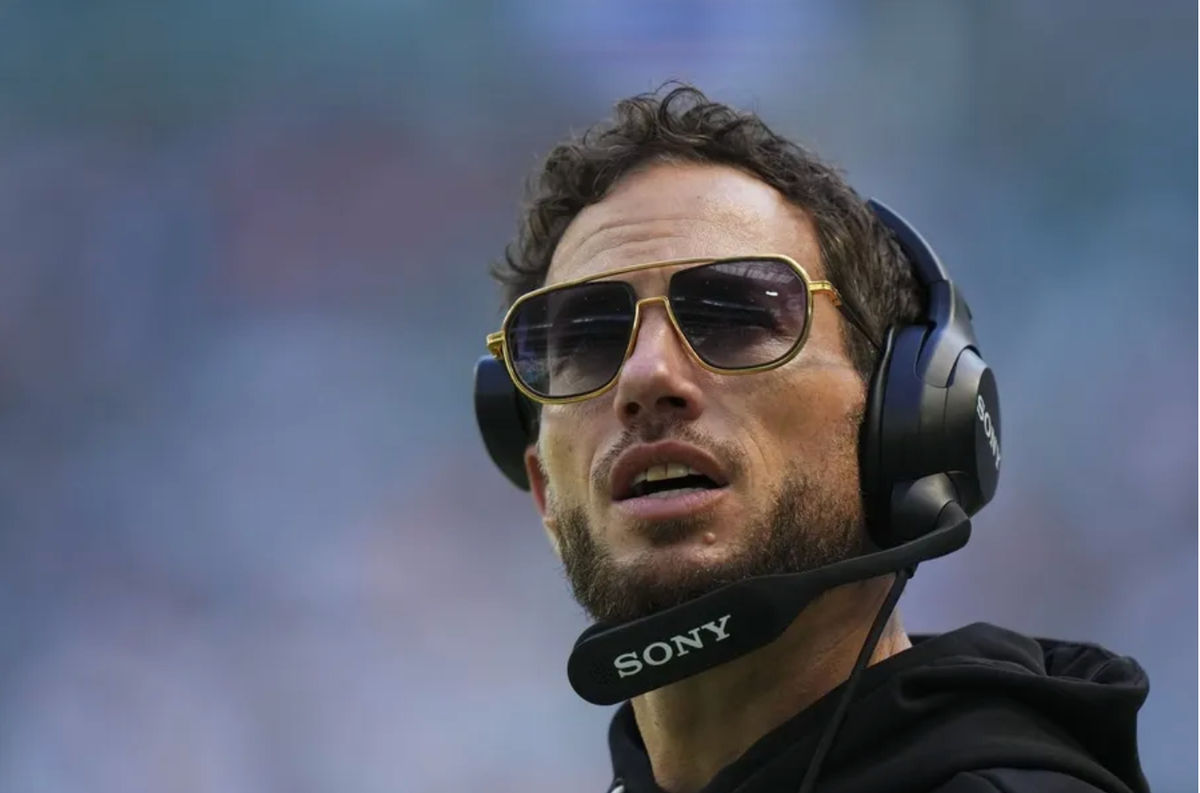 Oct 12, 2025; Miami Gardens, Florida, USA; Miami Dolphins head coach Mike McDaniel looks on from the sidelines against the Los Angeles Chargers during the first quarter at Hard Rock Stadium. Mandatory Credit: Rich Storry-Imagn Images
