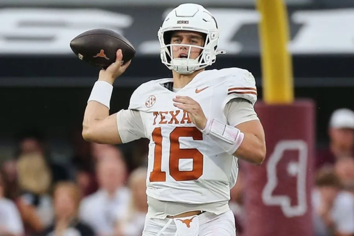 Oct 25, 2025; Starkville, Mississippi, USA; Texas Longhorns quarterback Arch Manning (16) throws a pass during the second quarter against the Mississippi State Bulldogs at Davis Wade Stadium at Scott Field. Mandatory Credit: Petre Thomas-Imagn Images