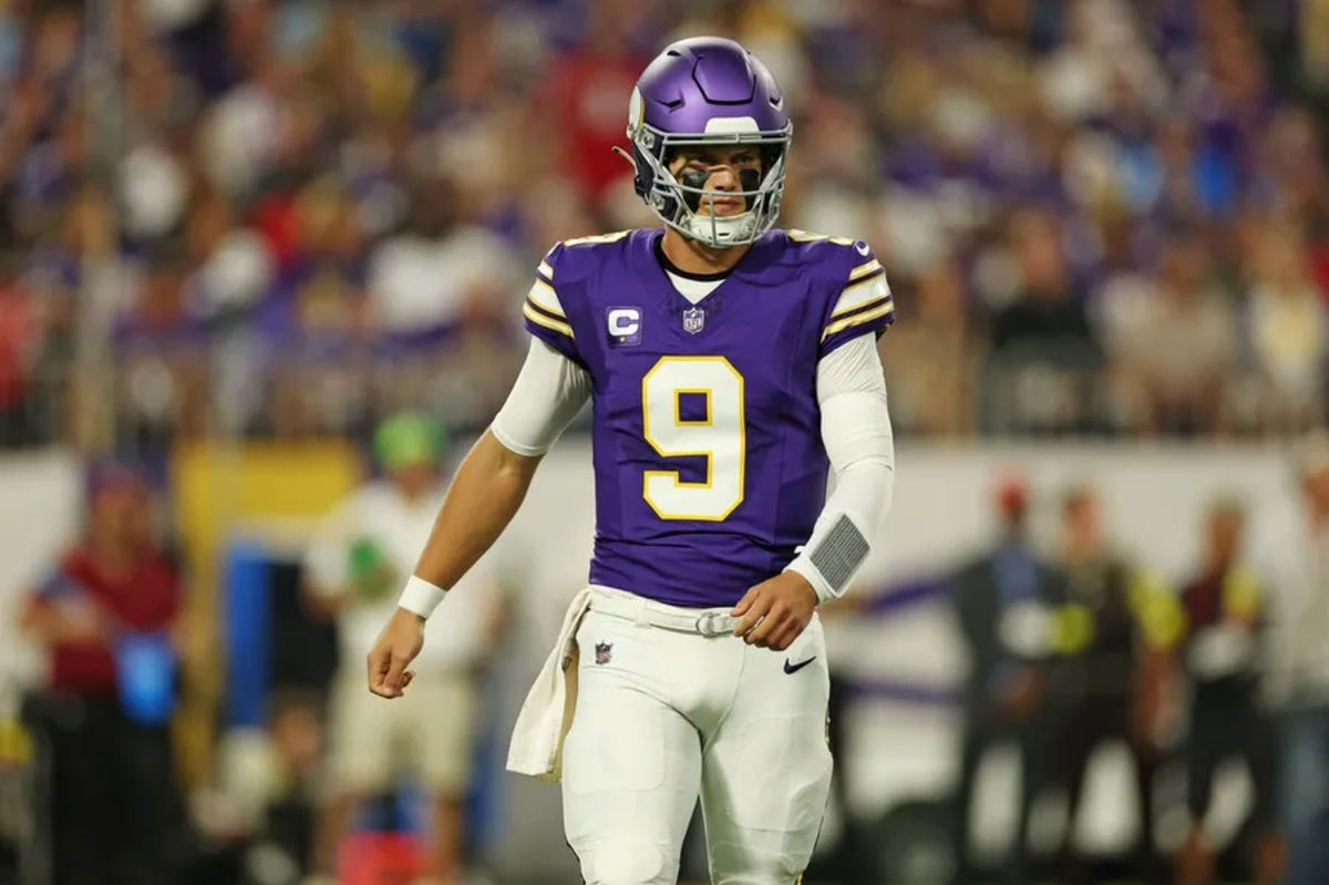 Sep 14, 2025; Minneapolis, Minnesota, USA; Minnesota Vikings quarterback J.J. McCarthy (9) reacts after a play during the first half against the Atlanta Falcons at U.S. Bank Stadium. Mandatory Credit: Matt Krohn-Imagn Images