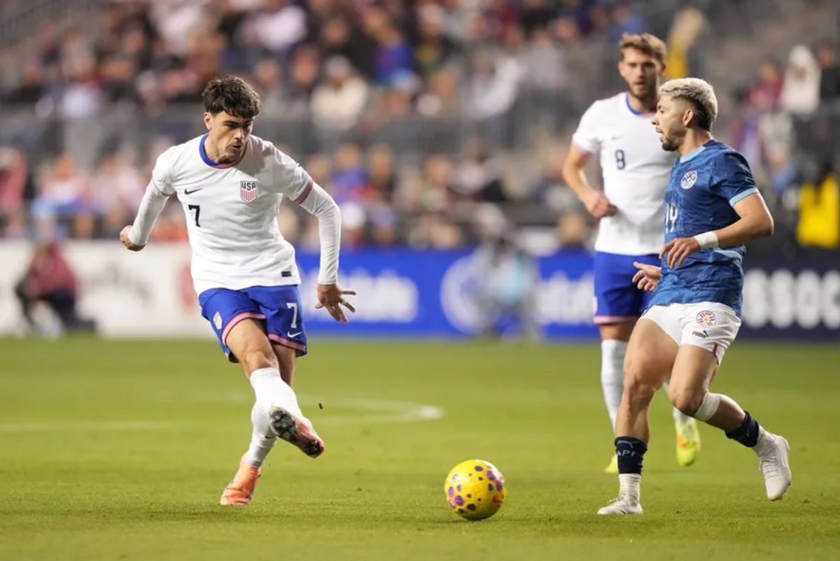 Nov 15, 2025; Chester, Pennsylvania, USA; United States midfielder Gio Reyna (7) passes the ball against Paraguay in the first half at Subaru Park. Mandatory Credit: Kyle Ross-Imagn Images
