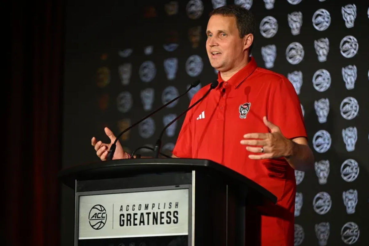 Oct 8, 2025; Charlotte, NC, USA; NC State head coach Will Wade answers questions from the media at The Hilton Charlotte Uptown. Mandatory Credit: William Howard-Imagn Images