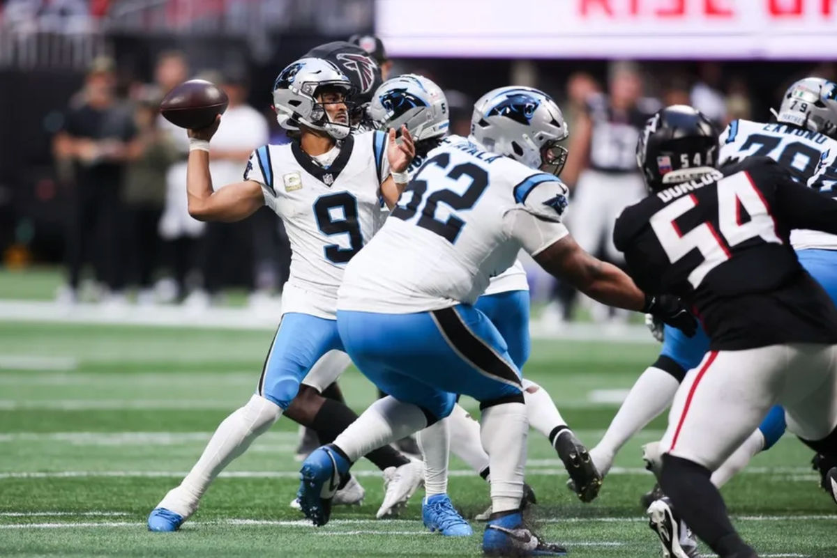Nov 16, 2025; Atlanta, Georgia, USA; Carolina Panthers quarterback Bryce Young (9) prepares to throw in the third quarter against the Atlanta Falcons at Mercedes-Benz Stadium. Mandatory Credit: Brett Davis-Imagn Images