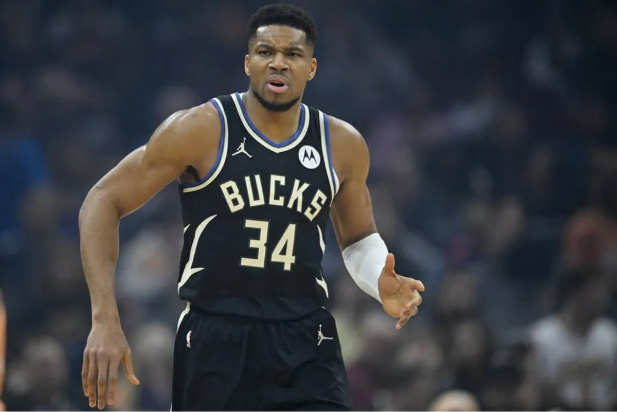 Nov 17, 2025; Cleveland, Ohio, USA; Milwaukee Bucks forward Giannis Antetokounmpo (34) stands on the court in the first quarter against the Cleveland Cavaliers at Rocket Arena. Mandatory Credit: David Richard-Imagn Images