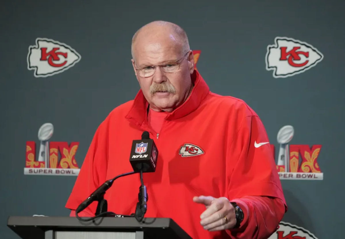Feb 4, 2025; New Orleans, LA, USA; Kansas City Chiefs head coach Andy Reid at a press conference in advance of Super Bowl LIX at New Orleans Marriott. Mandatory Credit: Kirby Lee-Imagn Images
