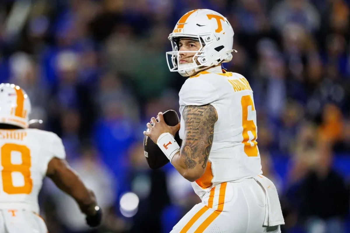Oct 25, 2025; Lexington, Kentucky, USA; Tennessee Volunteers quarterback Joey Aguilar (6) looks of an open receiver during the first quarter against the Kentucky Wildcats at Kroger Field. Mandatory Credit: Jordan Prather-Imagn Images