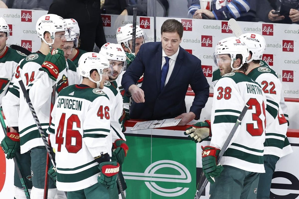 Feb 8, 2022; Winnipeg, Manitoba, CAN;  Minnesota Wild Assistant Coach Darby Hendrickson plans out a play in the third period against the Winnipeg Jets at Canada Life Centre. Mandatory Credit: James Carey Lauder-USA TODAY Sports
