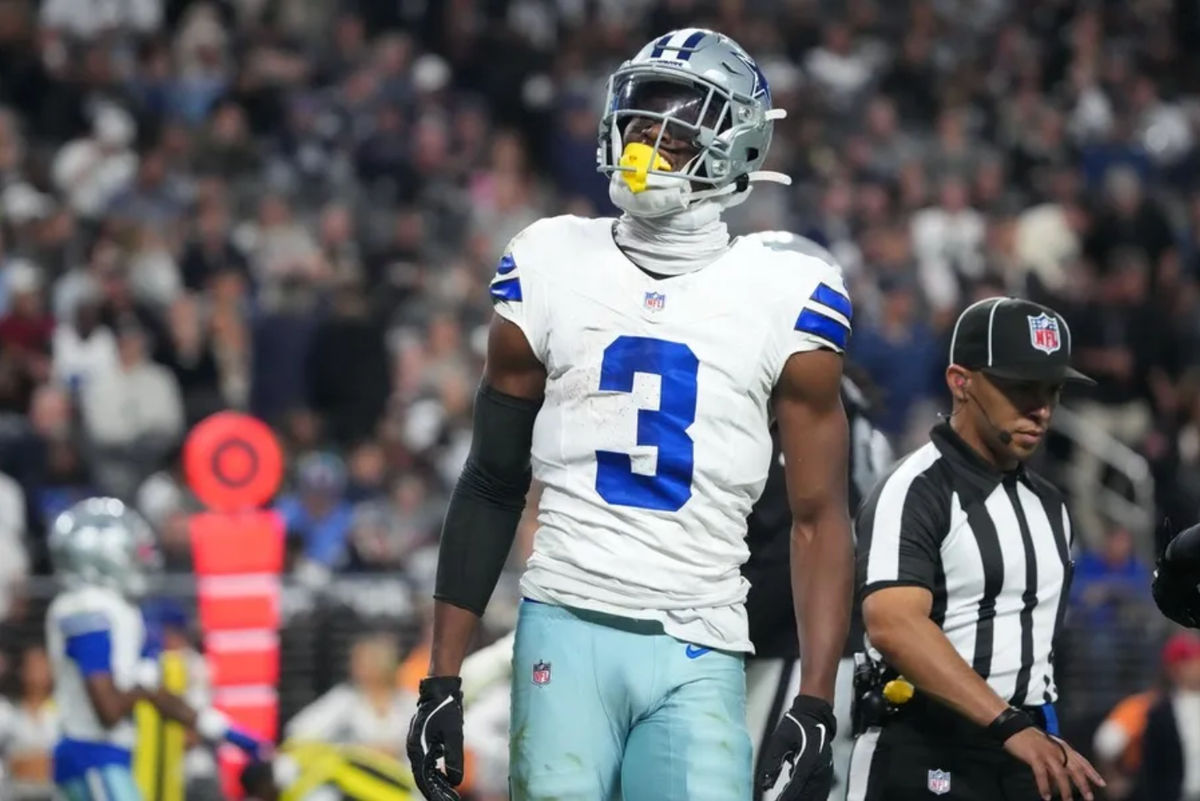 Nov 17, 2025; Paradise, Nevada, USA; Dallas Cowboys wide receiver George Pickens (3) reacts after making a catch against the Las Vegas Raiders during the second half at Allegiant Stadium. Mandatory Credit: Kirby Lee-Imagn Images