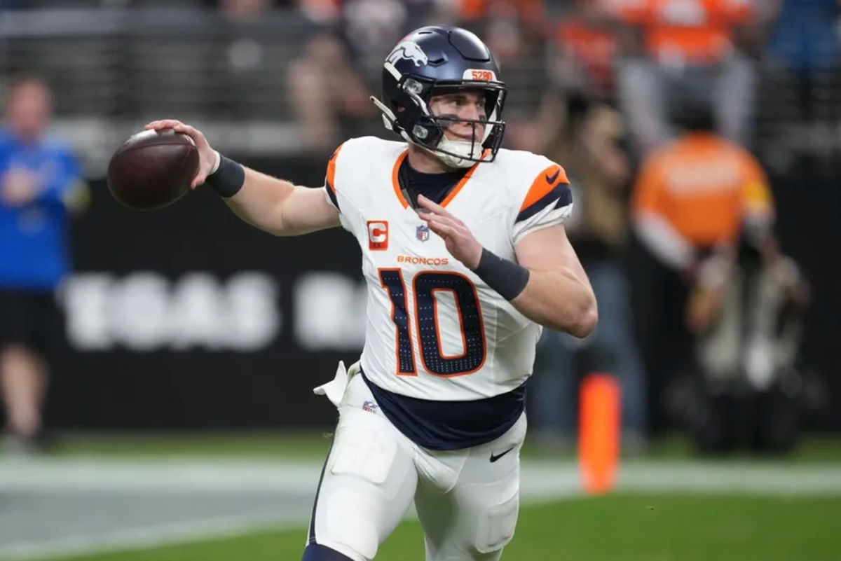 Dec 7, 2025; Paradise, Nevada, USA; Denver Broncos quarterback Bo Nix (10) throws downfield against the Las Vegas Raiders during the first half at Allegiant Stadium. Mandatory Credit: Kirby Lee-Imagn Images
