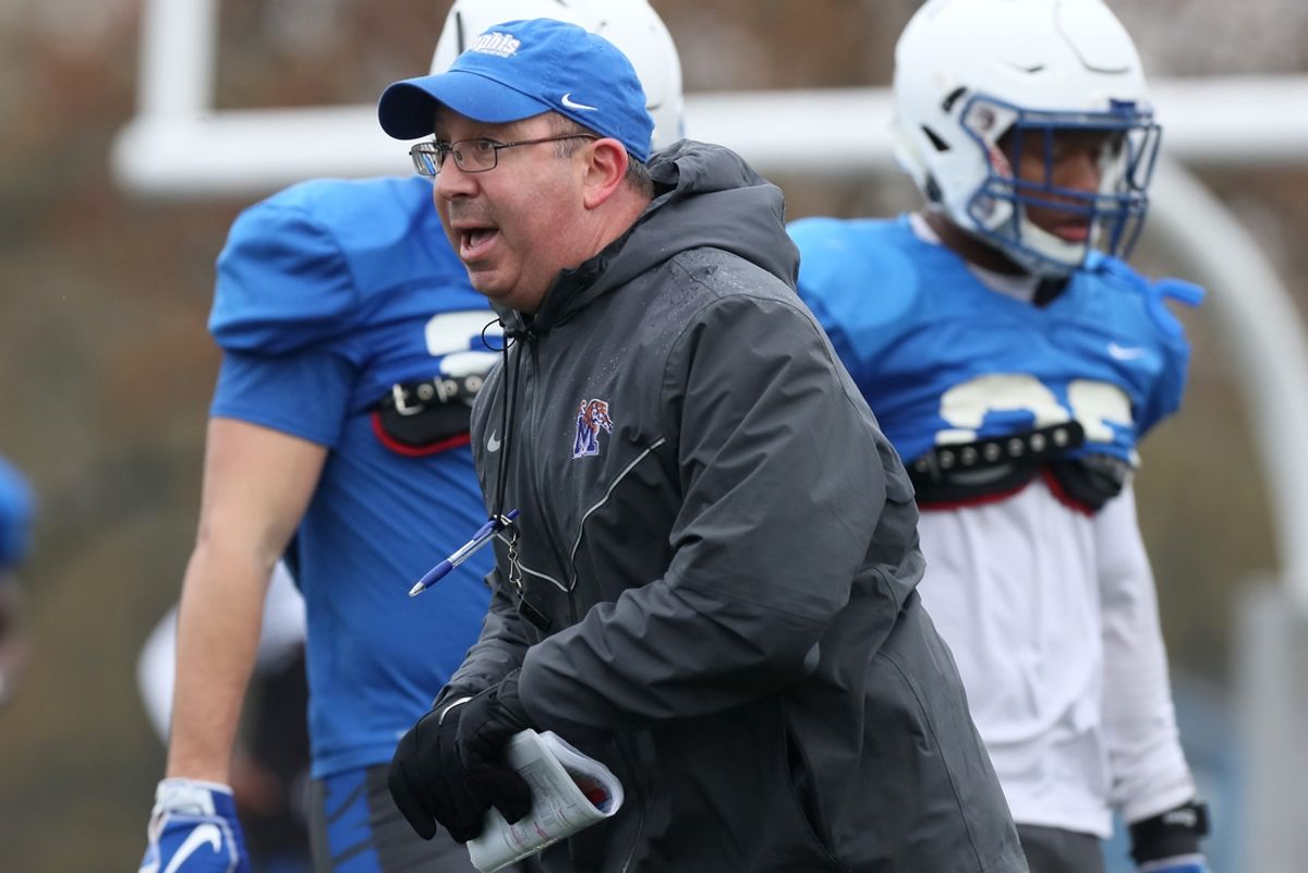 Memphis Tigers special teams coach Pete Lembo leads his players during practice at the Billy J. Murphy Athletics Complex on Thursday, April 4, 2019.

Jron3223