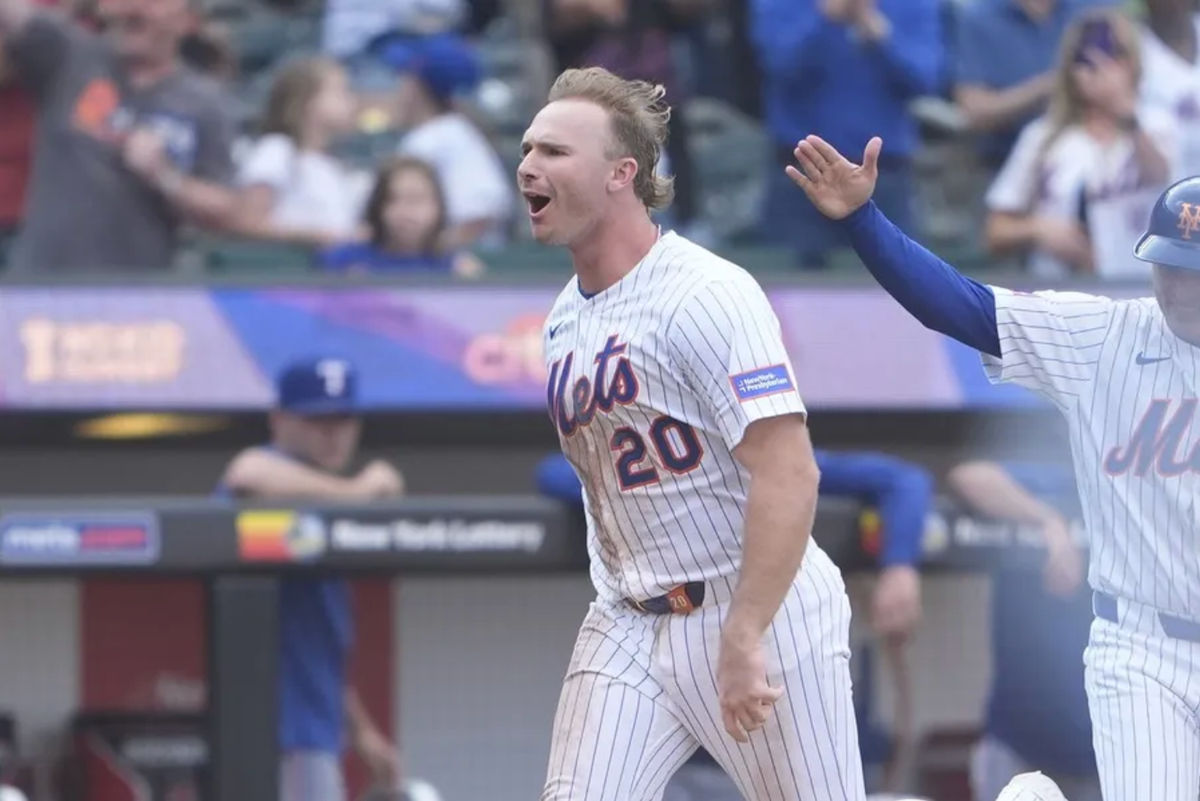 Sep 14, 2025; New York City, New York, USA; New York Mets first baseman Pete Alonso (20) reacts to hitting a walk off three run home run against the Texas Rangers during the tenth inning at Citi Field. Mandatory Credit: Gregory Fisher-Imagn Images