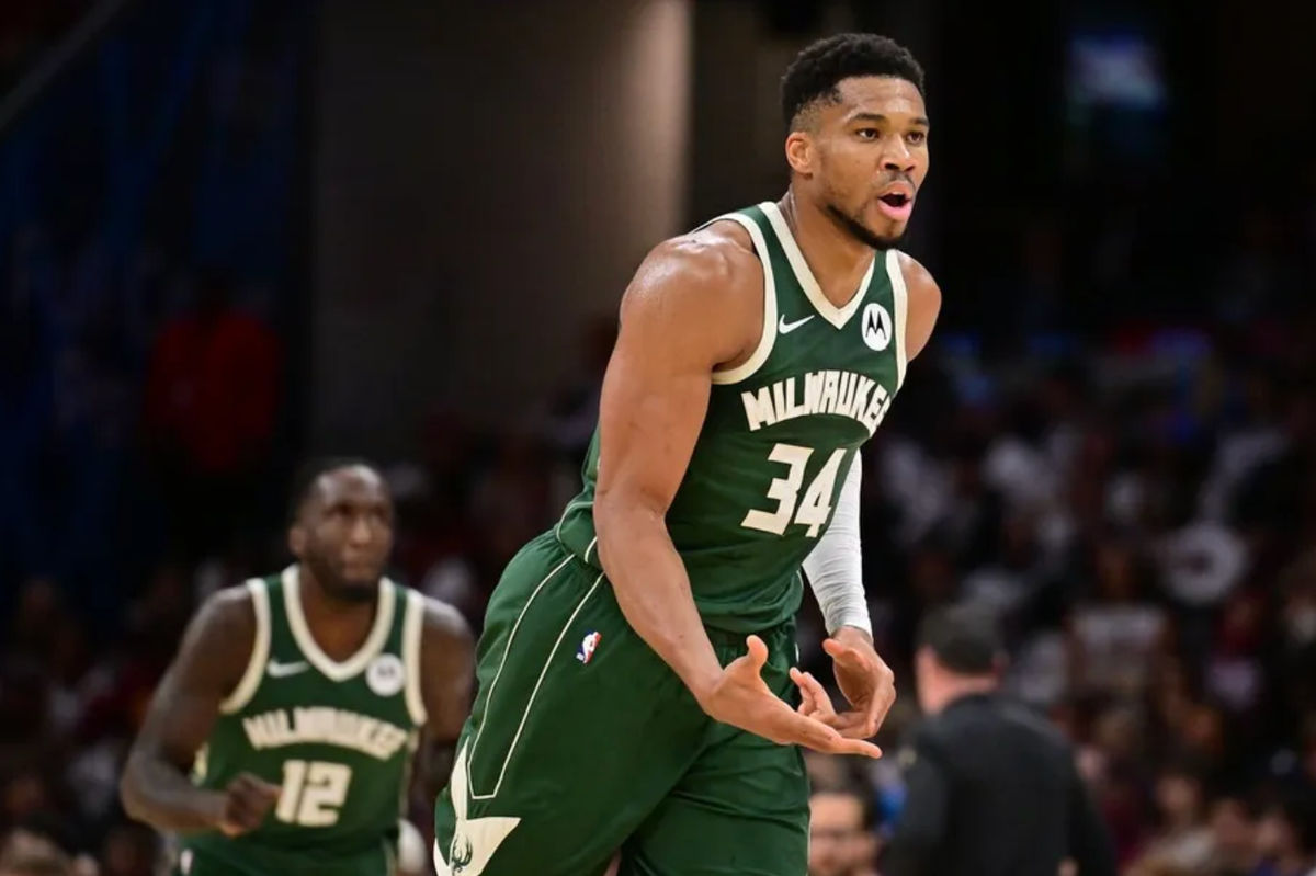 Oct 26, 2025; Cleveland, Ohio, USA; Milwaukee Bucks forward Giannis Antetokounmpo (34) celebrates after hitting a three point basket against the Cleveland Cavaliers during the second half at Rocket Arena. Mandatory Credit: Ken Blaze-Imagn Images