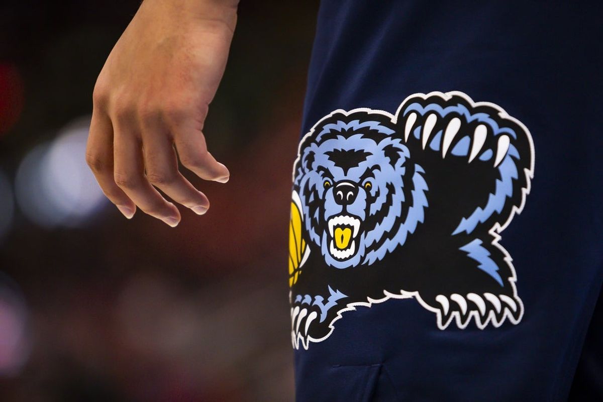 Feb 10, 2022; Detroit, Michigan, USA; The hand and shorts logo of Memphis Grizzlies forward Kyle Anderson (1) during the second quarter against the Detroit Pistons at Little Caesars Arena. Mandatory Credit: Raj Mehta-Imagn Images