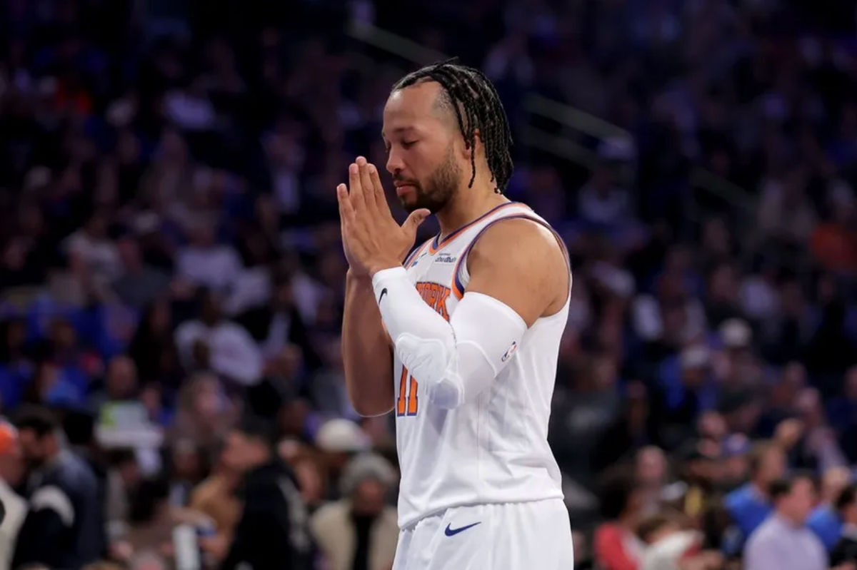 Nov 5, 2025; New York, New York, USA; New York Knicks guard Jalen Brunson (11) gestures under the basket before the start of a game against the Minnesota Timberwolves at Madison Square Garden. Mandatory Credit: Brad Penner-Imagn Images