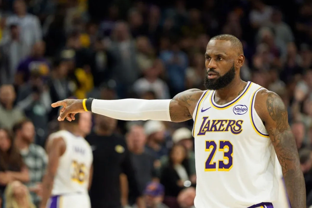 Dec 14, 2025; Phoenix, Arizona, USA; Los Angeles Lakers forward LeBron James (23) reacts after a foul during the second half of a game against the Phoenix Suns at Mortgage Matchup Center. Mandatory Credit: Allan Henry-Imagn Images