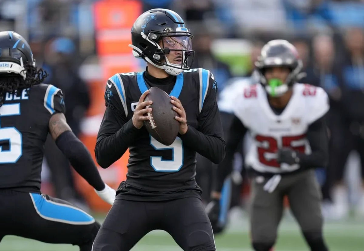 Dec 21, 2025; Charlotte, North Carolina, USA; Carolina Panthers quarterback Bryce Young (9) drops to throw during the second half against the Tampa Bay Buccaneers at Bank of America Stadium. Mandatory Credit: Jim Dedmon-Imagn Images