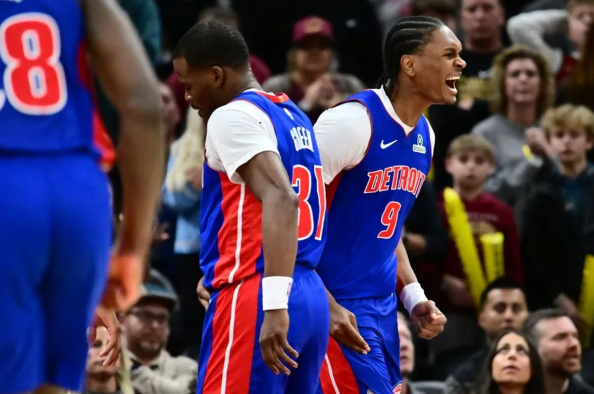Jan 4, 2026; Cleveland, Ohio, USA; Detroit Pistons guard Ausar Thompson (9) celebrates after a basket against the Cleveland Cavaliers during the second half at Rocket Arena. Mandatory Credit: Ken Blaze-Imagn Images