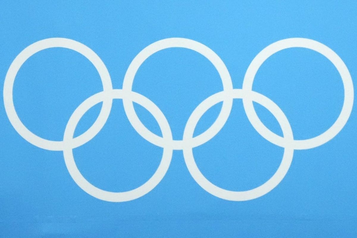 Feb 14, 2022; Beijing, China; The Olympics rings logo is seen before the mixed ice dance free dance during the Beijing 2022 Olympic Winter Games at Capital Indoor Stadium. Mandatory Credit: Robert Deutsch-USA TODAY Sports