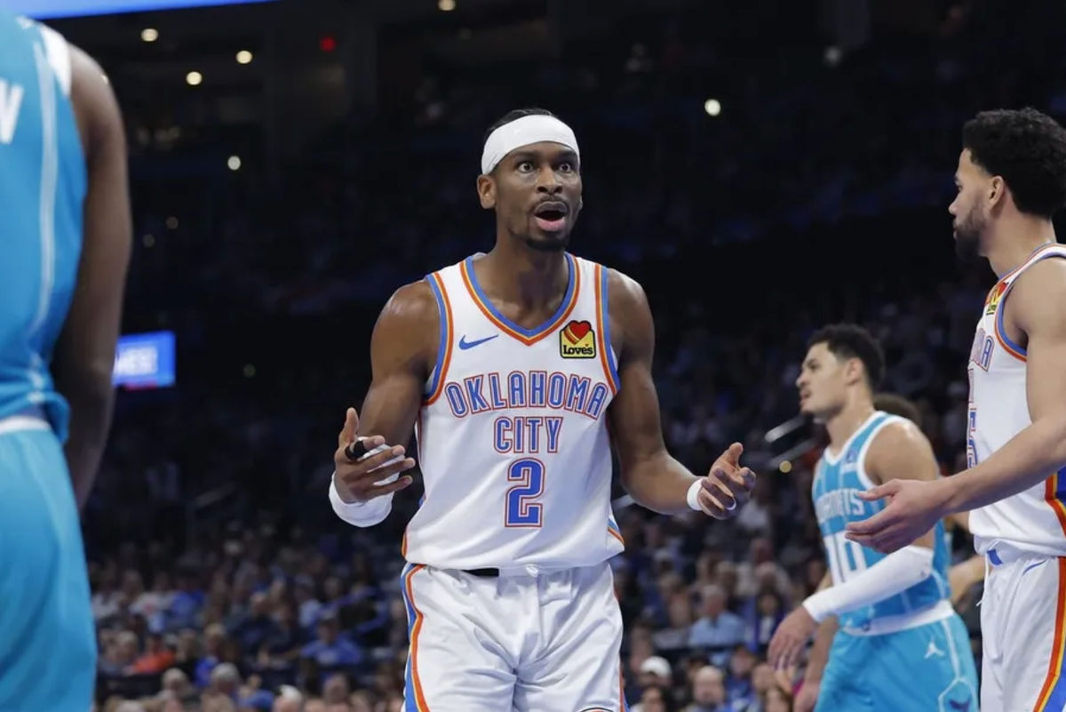 Jan 5, 2026; Oklahoma City, Oklahoma, USA; Oklahoma City Thunder guard Shai Gilgeous-Alexander (2) reacts after an official call following a play against the Charlotte Hornets during the second half at Paycom Center. Mandatory Credit: Alonzo Adams-Imagn Images