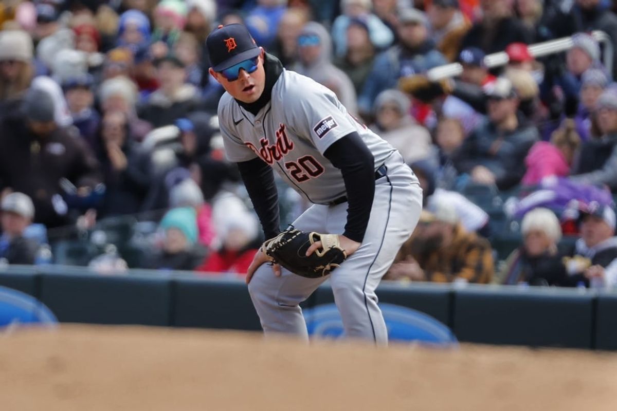 Apr 20, 2024; Minneapolis, Minnesota, USA; Detroit Tigers first baseman Spencer Torkelson (30) reacts after committing an error a ball hit by Minnesota Twins right fielder Alex Kirilloff (not pictured) in the fifth inning at Target Field.
