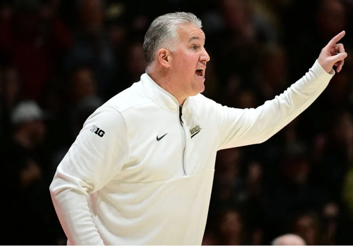 Jan 14, 2026; West Lafayette, Indiana, USA; Purdue Boilermakers head coach Matt Painter reacts to a call in the second half against the Iowa Hawkeyes at Mackey Arena. Mandatory Credit: Marc Lebryk-Imagn Images