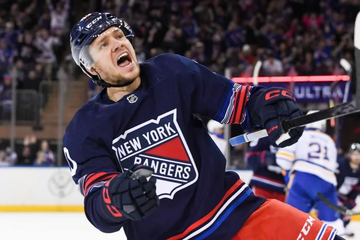 Dec 23, 2023; New York, New York, USA; New York Rangers left wing Artemi Panarin (10) celebrates his goal against the Buffalo Sabres during the first period at Madison Square Garden. credits: Dennis Schneidler-USA TODAY Sports