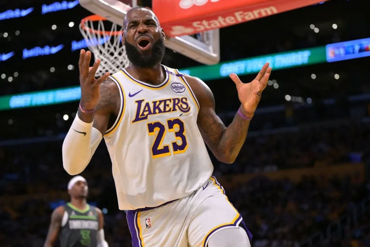 Apr 19, 2025; Los Angeles, California, USA; Los Angeles Lakers forward LeBron James (23) reacts after missing a pass in the first quarter against the Minnesota Timberwolves at Crypto.com Arena. Mandatory Credit: Jayne Kamin-Oncea-Imagn Images