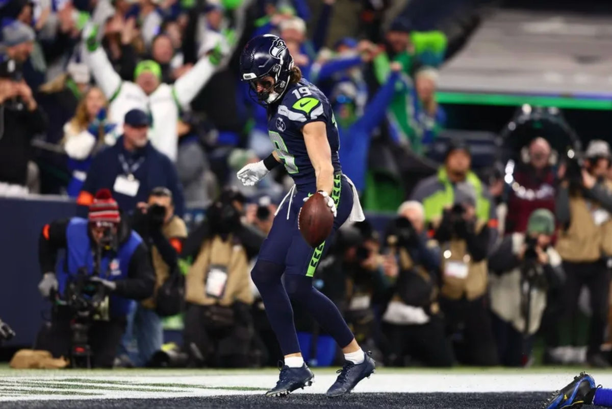 Jan 25, 2026; Seattle, WA, USA; Seattle Seahawks wide receiver Jake Bobo (19) celebrates after scoring a touchdown against the Los Angeles Rams during the second half in the 2026 NFC Championship Game at Lumen Field. Mandatory Credit: Kevin Ng-Imagn Images