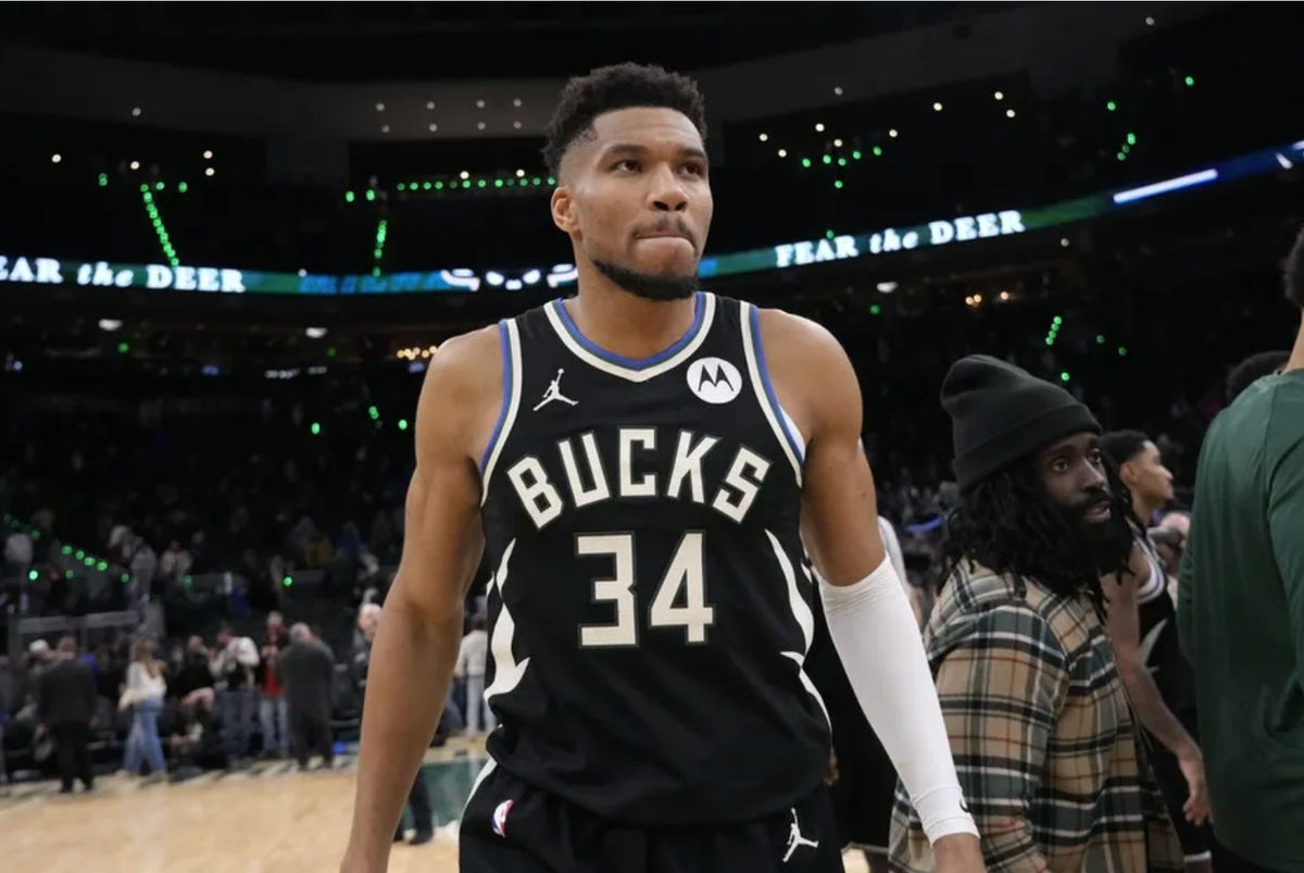 Jan 23, 2026; Milwaukee, Wisconsin, USA; Milwaukee Bucks forward Giannis Antetokounmpo (34) walks from the court following the game against the Denver Nuggets at Fiserv Forum. Mandatory Credit: Jeff Hanisch-Imagn Images