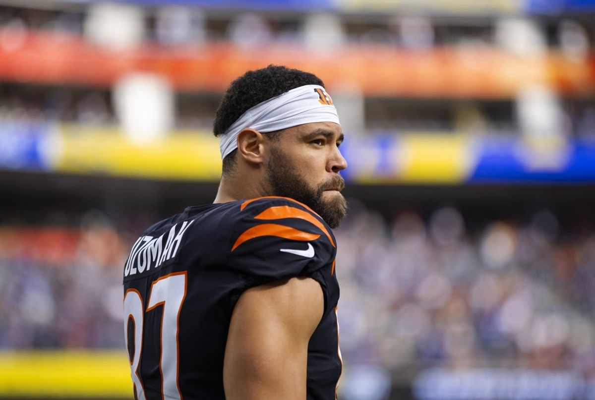 Feb 13, 2022; Inglewood, CA, USA; Cincinnati Bengals tight end C.J. Uzomah (87) against the Los Angeles Rams during Super Bowl LVI at SoFi Stadium. Mandatory Credit: Mark J. Rebilas-Imagn Images
