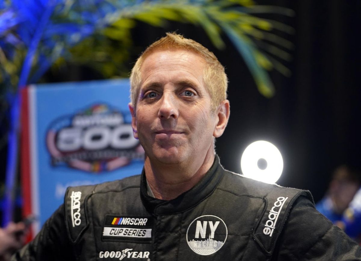 Feb 16, 2022; Daytona, FL, USA; Feb 16, 2022; Daytona, FL, USA; NASCAR Cup Series driver Greg Biffle (44) talks to the press during Daytona 500 media day at Daytona International Speedway. Mandatory Credit:Mandatory Credit: Mike Dinovo-Imagn Images