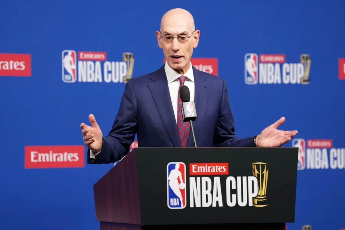 Dec 16, 2025; Las Vegas, Nevada, USA; NBA commissioner Adam Silver speaks during press conference at the Emirates NBA Cup Final at T-Mobile Arena. Mandatory Credit: Kirby Lee-Imagn Images