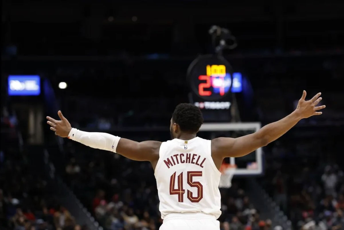 Dec 12, 2025; Washington, District of Columbia, USA; Cleveland Cavaliers guard Donovan Mitchell (45) reacts after scoring against the Washington Wizards in the fourth quarter at Capital One Arena. Mandatory Credit: Geoff Burke-Imagn Images