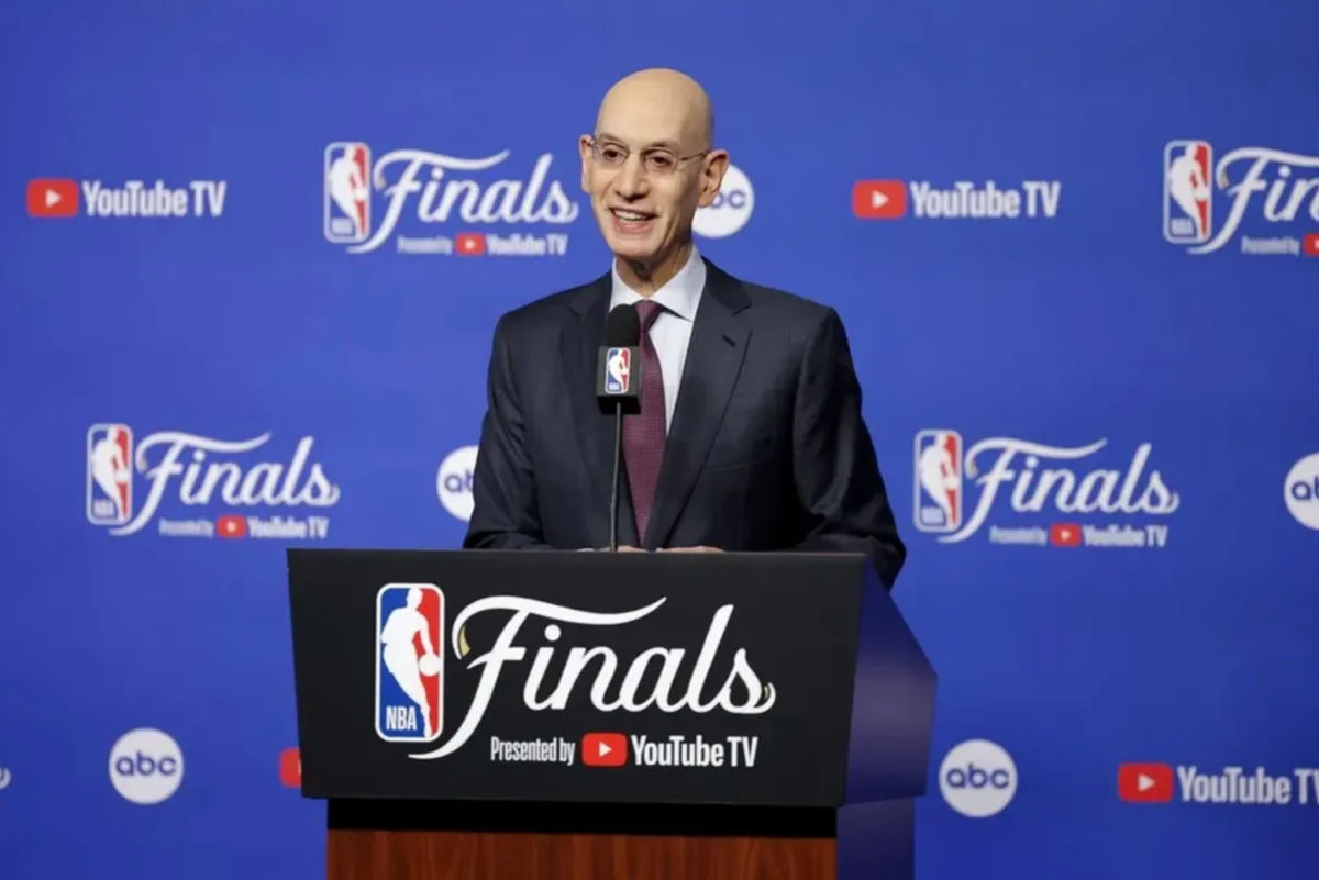 Jun 5, 2025; Oklahoma City, Oklahoma, USA; NBA commissioner Adam Silver speaks to the media before game one between the Oklahoma City Thunder and the Indiana Pacers in the 2025 NBA Finals at Paycom Center. Mandatory Credit: Alonzo Adams-Imagn Images