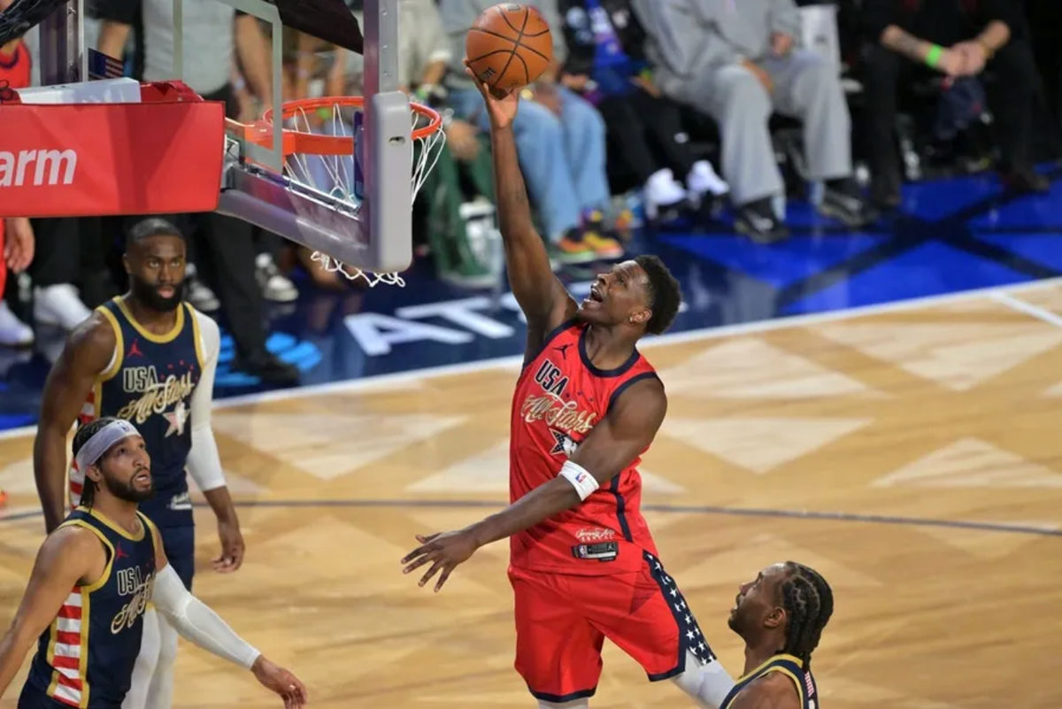Feb 15, 2026; Inglewood, California, USA; Team USA Stars guard Anthony Edwards (5) of the Minnesota Timberwolves shoots against Team USA Stripes in the championship game during the 75th NBA All Star Game at Intuit Dome. Mandatory Credit: Jayne Kamin-Oncea-Imagn Images