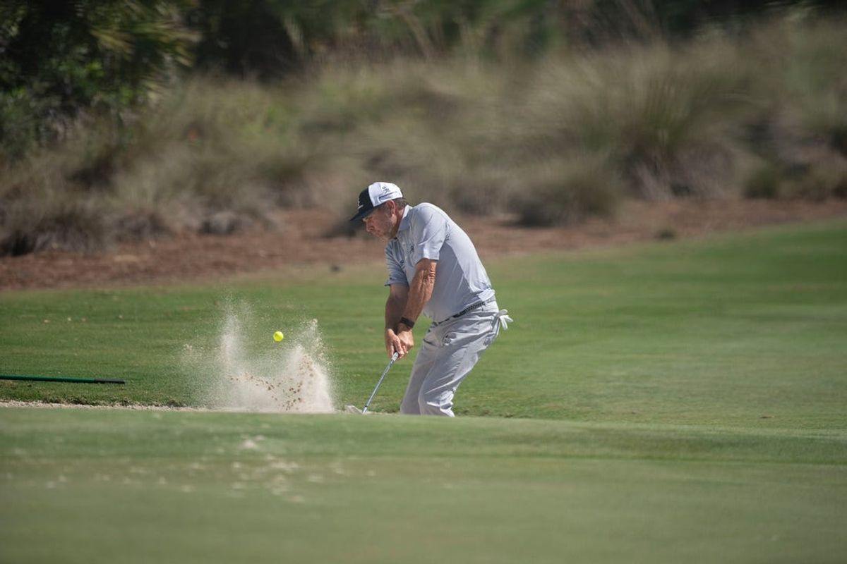 Doug Barron (USA) hits a shot from a bunker on the 18th hole during the first round of the Chubb Classic, Friday, Feb. 18, 2022, at Tibur  n Golf Club at The Ritz-Carlton Golf Resort in Naples, Fla.

Chubb Classic first round, Feb. 18, 2022