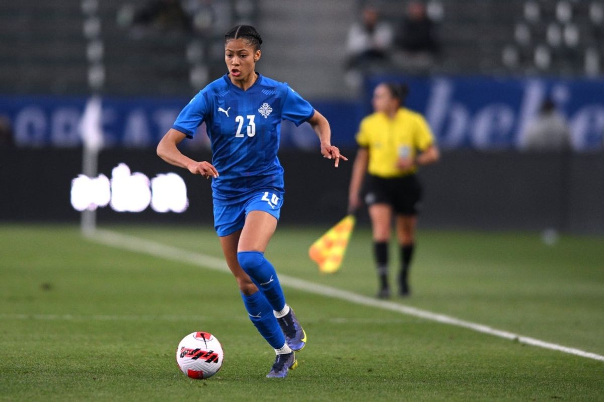 Feb 17, 2022; Carson, California, USA; Iceland forward Sveindis Jane Jonsdottir (23) moves the ball against the New Zealand during the first half during a 2022 SheBelieves Cup international soccer match at Dignity Health Sports Park. Mandatory Credit: Orlando Ramirez-Imagn Images