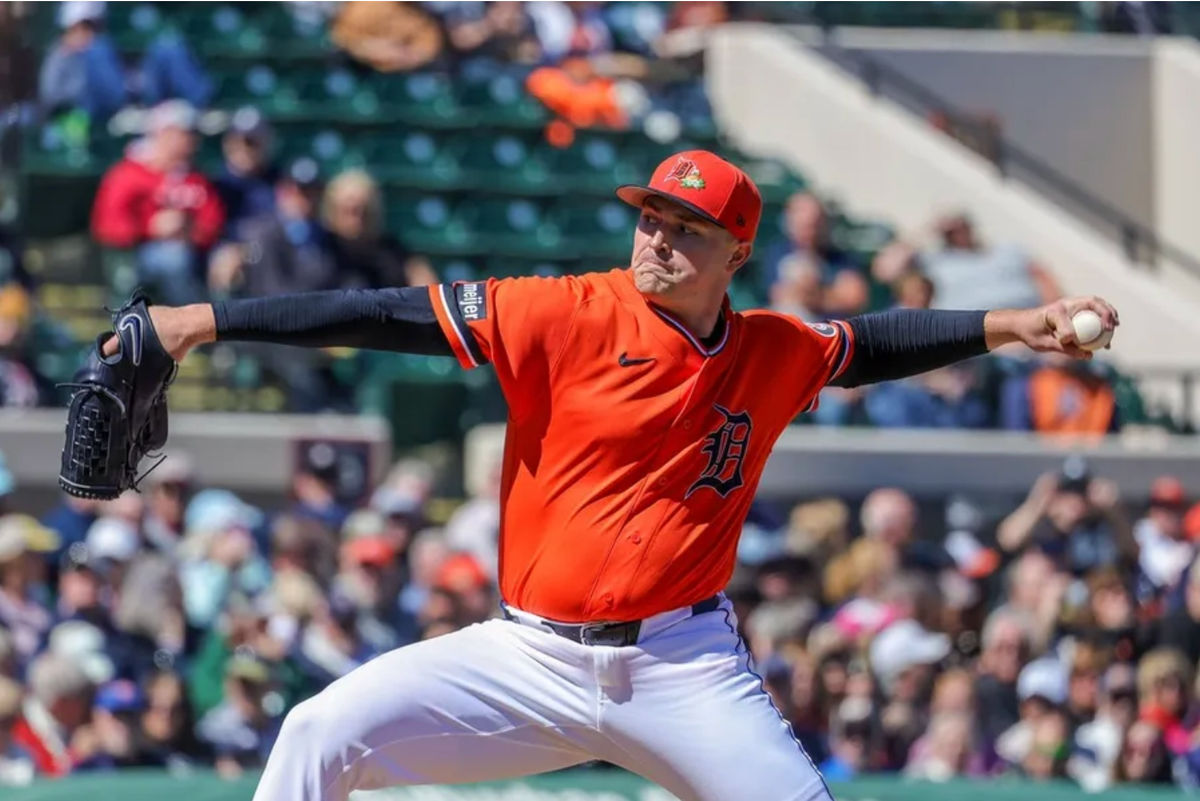 Feb 23, 2026; Lakeland, Florida, USA; Detroit Tigers pitcher Tarik Skubal (29) throws during the first inning against the Minnesota Twins at Publix Field at Joker Marchant Stadium. Mandatory Credit: Mike Watters-Imagn Images