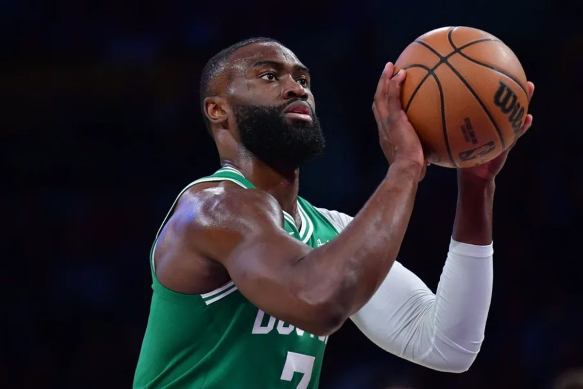 Feb 22, 2026; Los Angeles, California, USA; Boston Celtics guard Jaylen Brown (7) shoots a free throw basket against the Los Angeles Lakers during the first half at Crypto.com Arena. Mandatory Credit: Gary A. Vasquez-Imagn Images