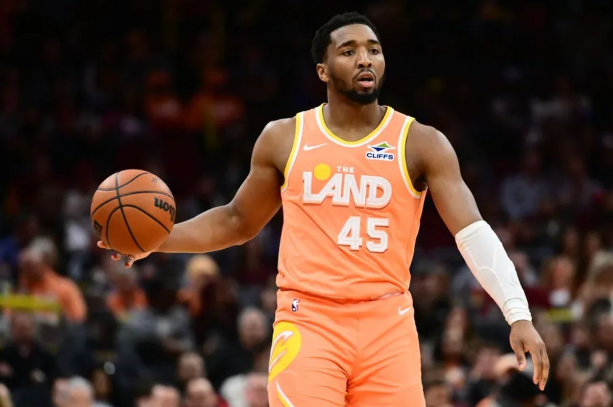 Feb 24, 2026; Cleveland, Ohio, USA; Cleveland Cavaliers guard Donovan Mitchell (45) brings the ball up court during the second half against the New York Knicks at Rocket Arena. Mandatory Credit: Ken Blaze-Imagn Images