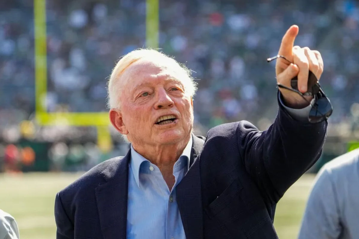 Oct 5, 2025; East Rutherford, New Jersey, USA; Dallas Cowboys Owner, President and general manager Jerry Jones stands on the field prior to a game against the New York Jets at MetLife Stadium. Mandatory Credit: Robert Deutsch-Imagn Images