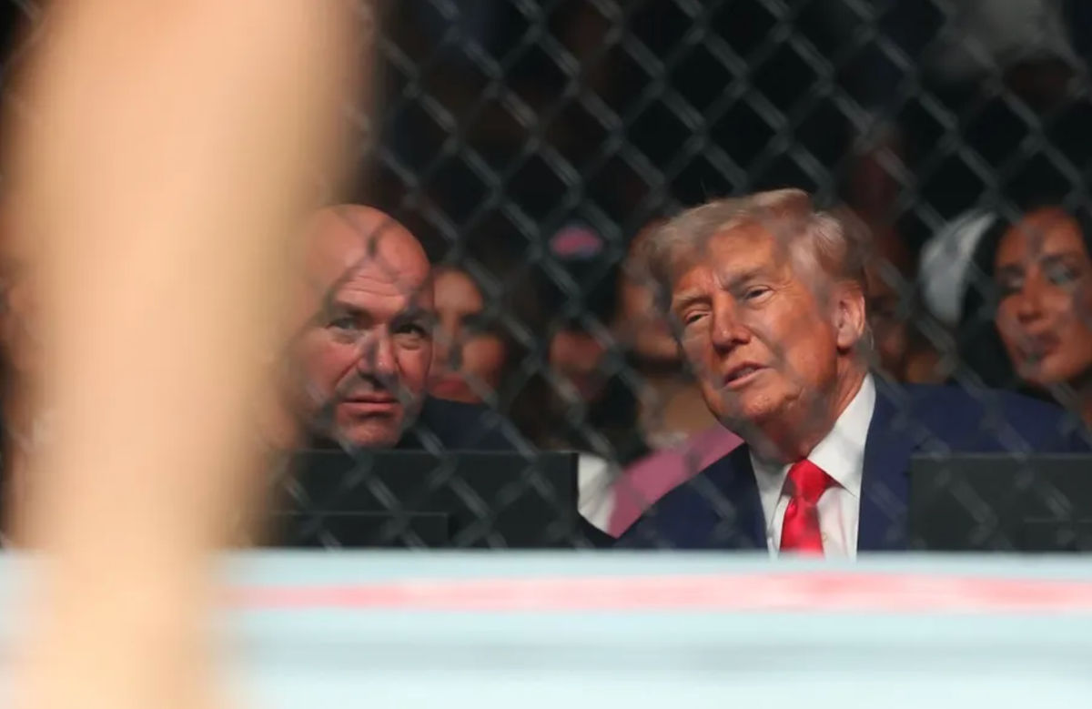 Jun 7, 2025; Newark, New Jersey, UNITED STATES; CEO of UFC Dana White talks with the President of the United States Donald Trump during UFC 316 at Prudential Center. Mandatory Credit: Vincent Carchietta-Imagn Images