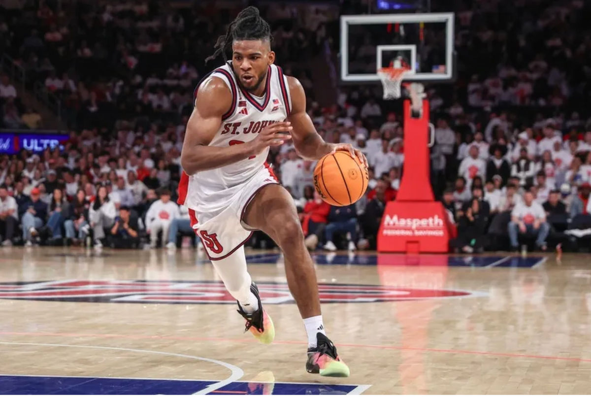 Feb 28, 2026; New York, New York, USA; St. John's Red Storm forward Zuby Ejiofor (24) drives to the basket in the second half against the Villanova Wildcats at Madison Square Garden. Mandatory Credit: Wendell Cruz-Imagn Images