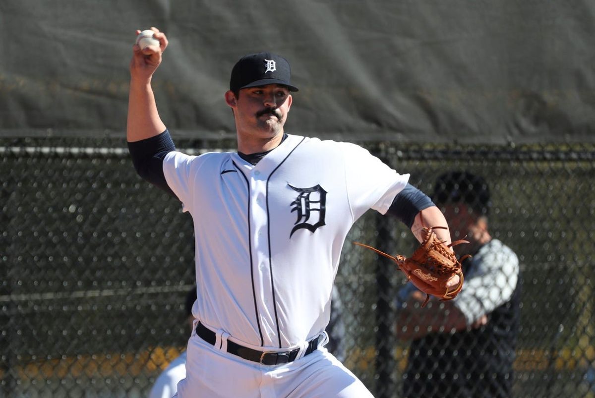 Detroit Tigers right handed pitching prospect RJ Petit throws during minor-league minicamp Sunday, Feb. 20, 2022, at TigerTown in Lakeland, Florida.

Tigers4