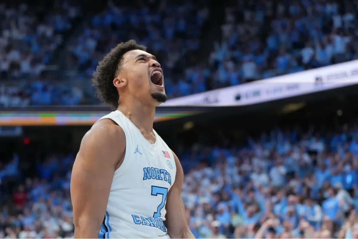Feb 23, 2026; Chapel Hill, North Carolina, USA; North Carolina Tar Heels guard Seth Trimble (7) reacts after scoring in the second half at Dean E. Smith Center. Mandatory Credit: Bob Donnan-Imagn Images