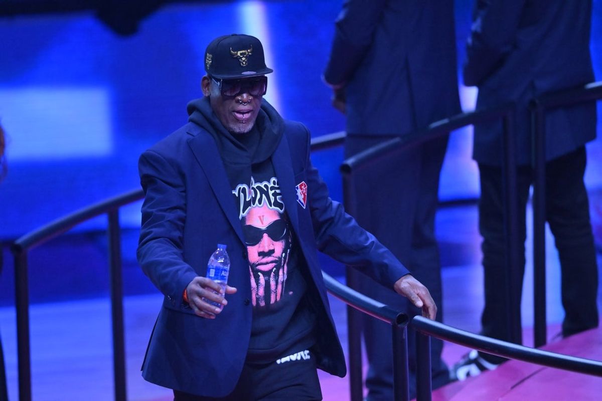 Feb 20, 2022; Cleveland, Ohio, USA; Dennis Rodman is honored during halftime during the 2022 NBA All-Star Game at Rocket Mortgage FieldHouse. Mandatory Credit: David Richard-Imagn Images