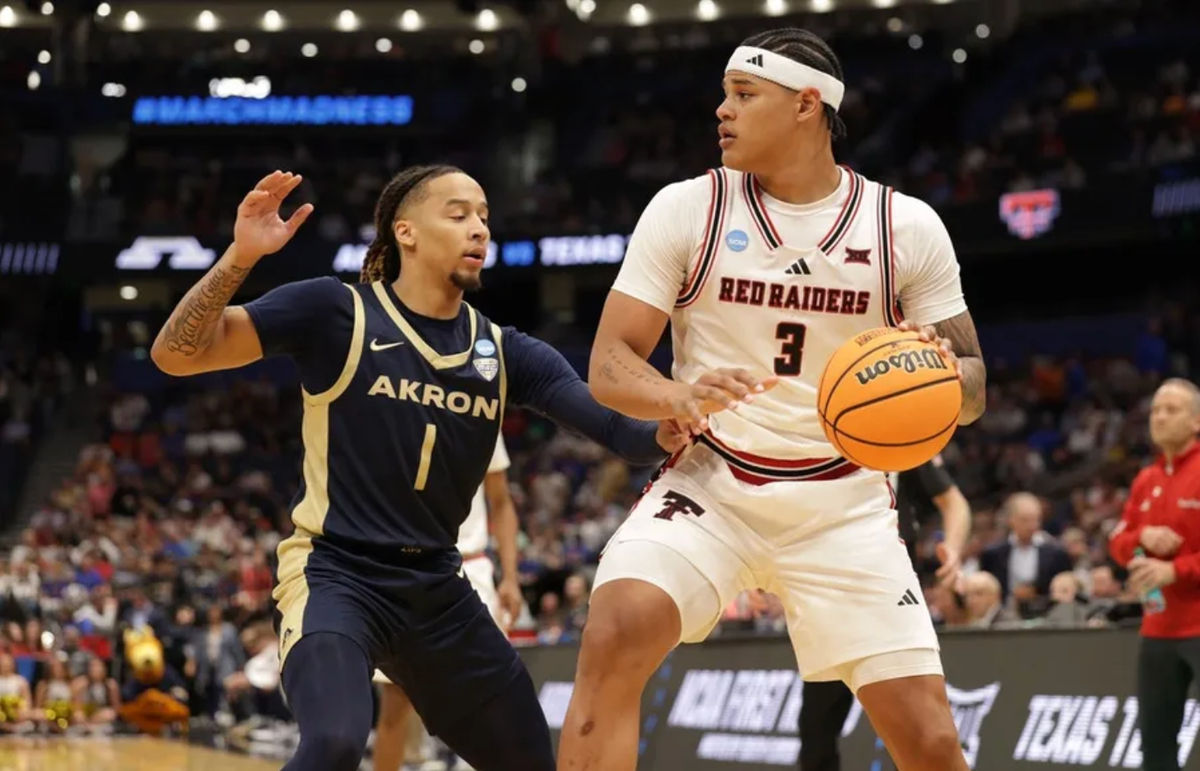 Mar 20, 2026; Tampa, FL, USA; Texas Tech Red Raiders forward Lejuan Watts (3) drives against Akron Zips guard Shammah Scott (1) in the second half during a first round game of the men's 2026 NCAA Tournament at Benchmark International Arena. Mandatory Credit: Nathan Ray Seebeck-Imagn Images