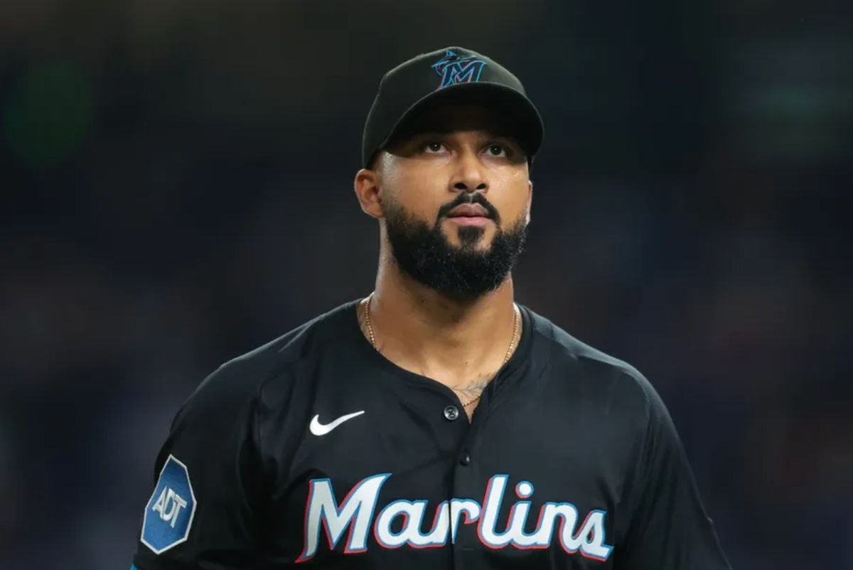 Sep 26, 2025; Miami, Florida, USA; Miami Marlins starting pitcher Sandy Alcantara (22) exits the game against the New York Mets during the eighth inning at loanDepot Park. Mandatory Credit: Sam Navarro-Imagn Images
