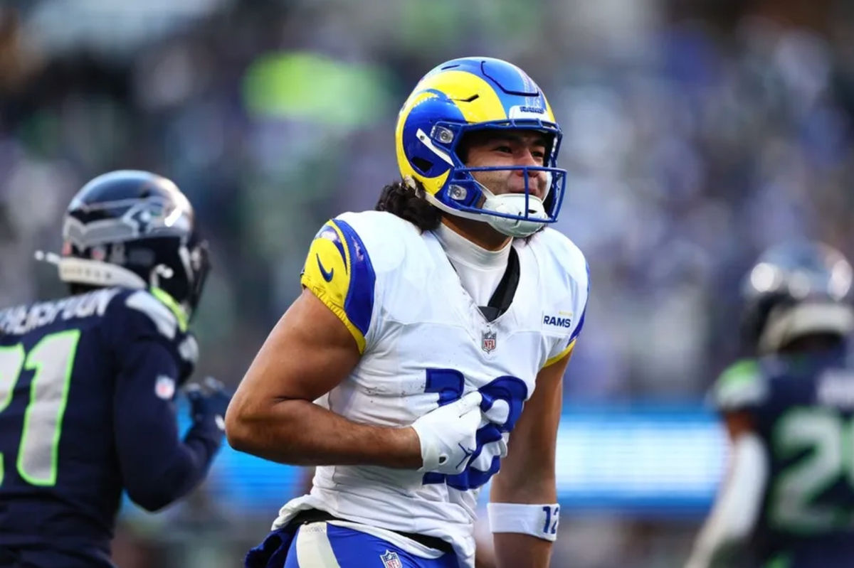 Jan 25, 2026; Seattle, WA, USA; Los Angeles Rams wide receiver Puka Nacua (12) reacts after a catch against the Seattle Seahawks during the first half in the 2026 NFC Championship Game at Lumen Field. Mandatory Credit: Kevin Ng-Imagn Images