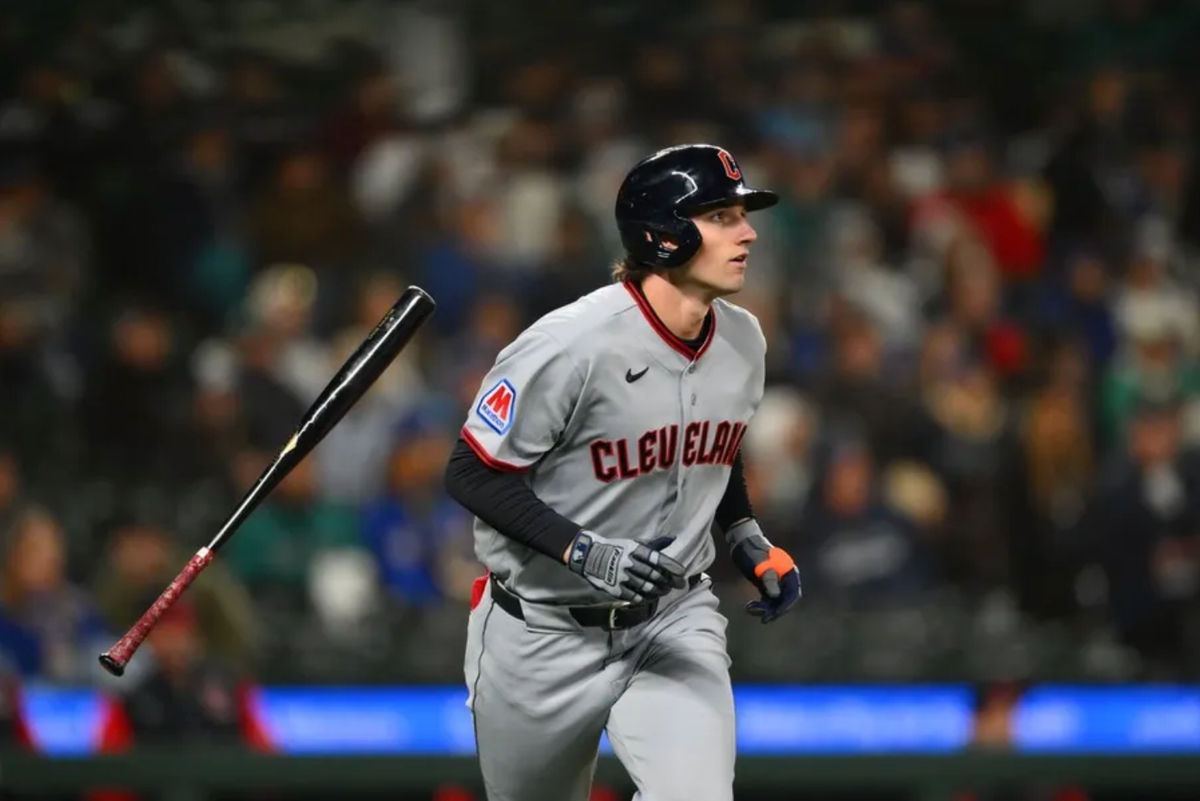 Mar 26, 2026; Seattle, Washington, USA; Cleveland Guardians right fielder Chase DeLauter (24) runs the bases after hitting a home run against the Seattle Mariners during the ninth inning at T-Mobile Park. Mandatory Credit: Steven Bisig-Imagn Images