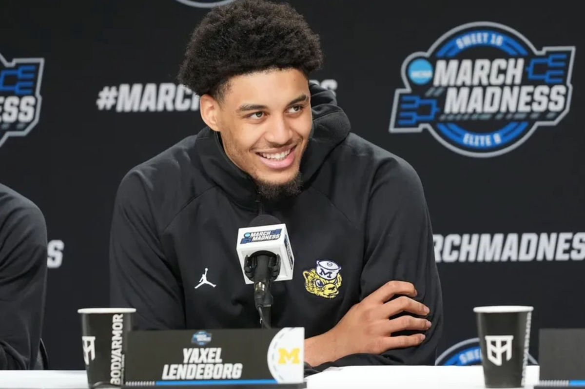 Mar 26, 2026; Chicago, IL, USA; Michigan Wolverines forward Yaxel Lendeborg (23) during a press conference ahead of the midwest regional of the men's 2026 NCAA Tournament at United Center. Mandatory Credit: David Banks-Imagn Images